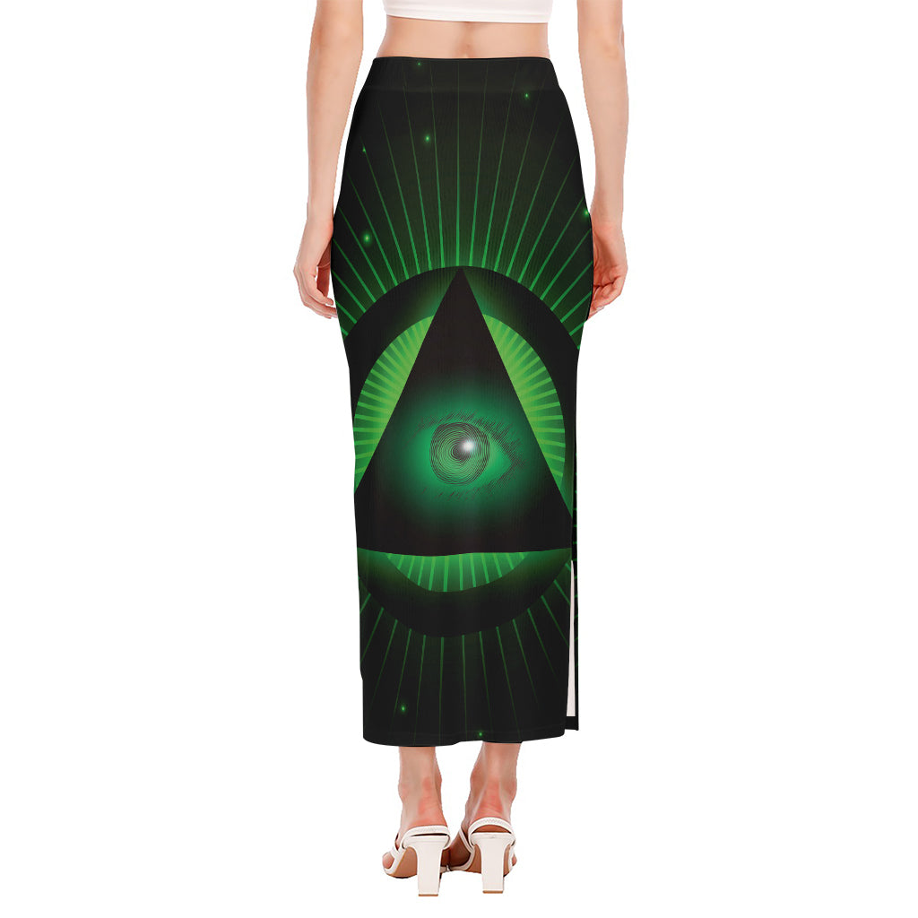 Green Masonic Eye Print Side Slit Maxi Skirt