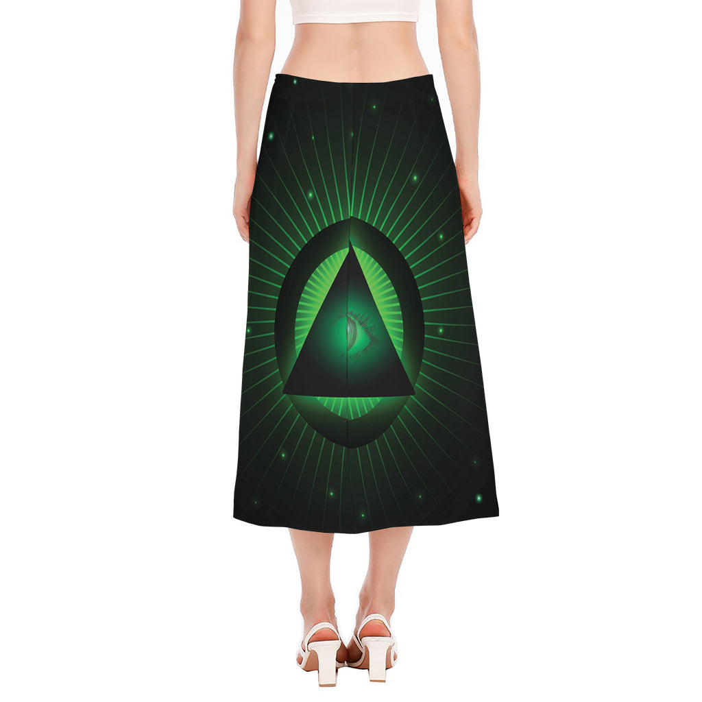 Green Masonic Eye Print Side Slit Midi Skirt