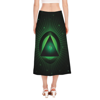 Green Masonic Eye Print Side Slit Midi Skirt