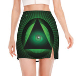 Green Masonic Eye Print Side Slit Mini Skirt