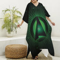 Green Masonic Eye Print Silk V-Neck Kaftan Dress