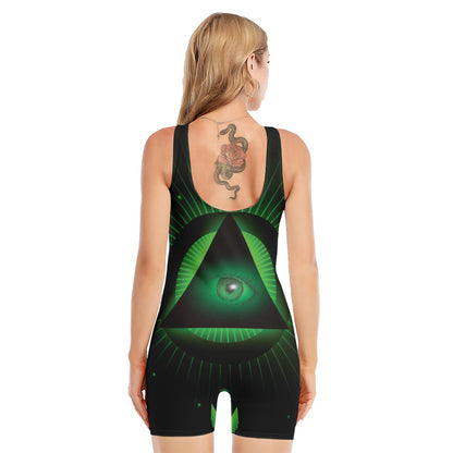 Green Masonic Eye Print Sleeveless One Piece Swimsuit