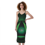 Green Masonic Eye Print Slim Fit Midi Cami Dress