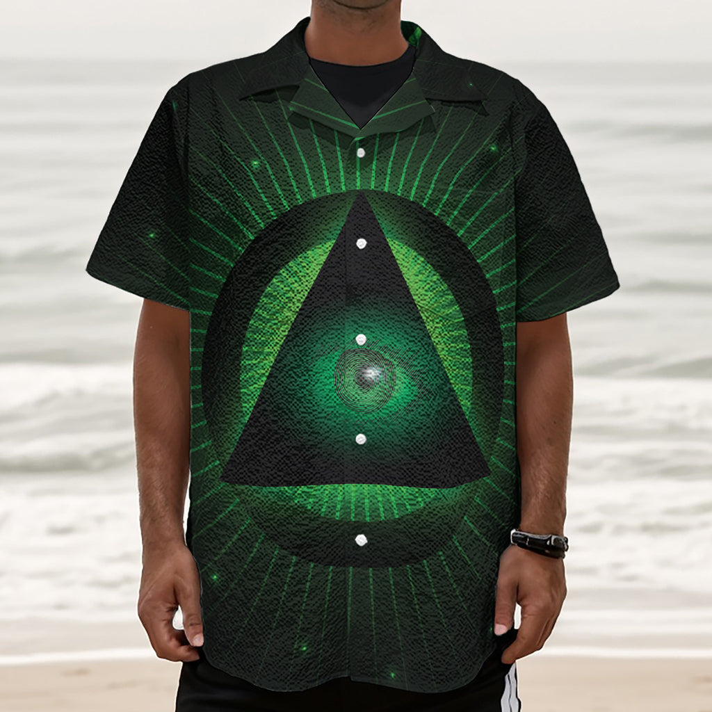 Green Masonic Eye Print Textured Short Sleeve Shirt