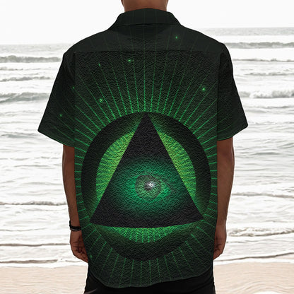 Green Masonic Eye Print Textured Short Sleeve Shirt