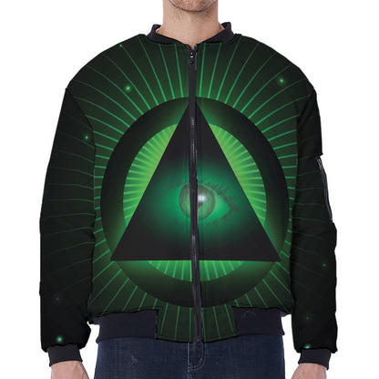Green Masonic Eye Print Zip Sleeve Bomber Jacket