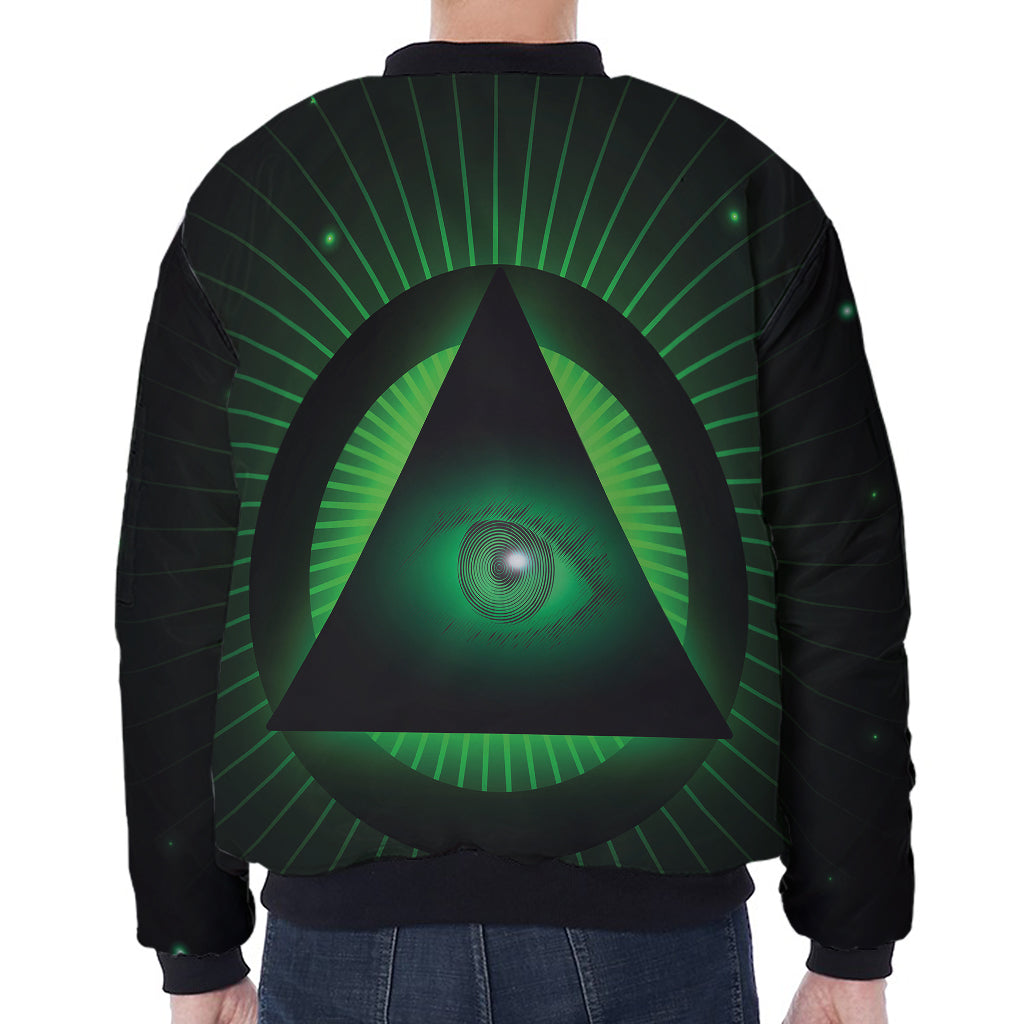 Green Masonic Eye Print Zip Sleeve Bomber Jacket