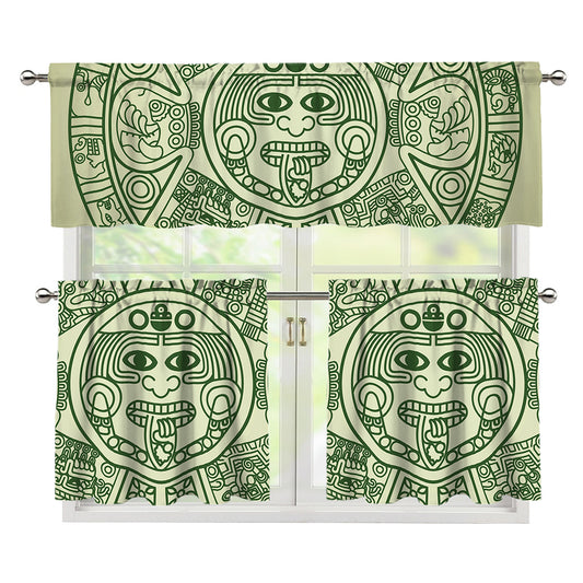 Green Maya Calendar Print 3 Piece Kitchen Curtains