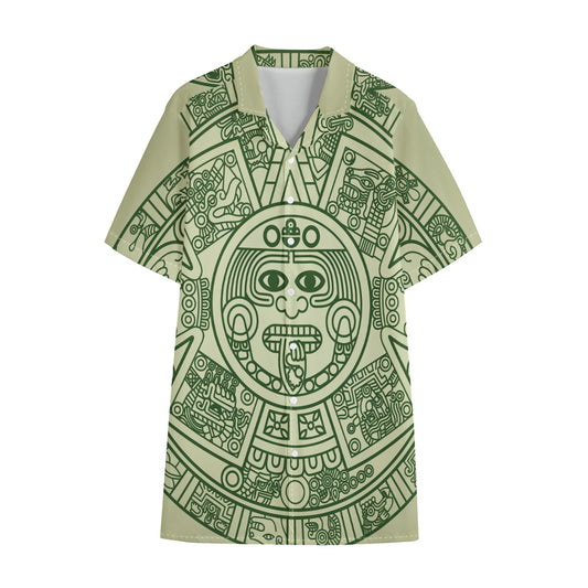 Green Maya Calendar Print Cotton Hawaiian Shirt