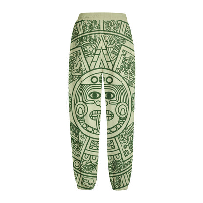Green Maya Calendar Print Fleece Lined Knit Pants