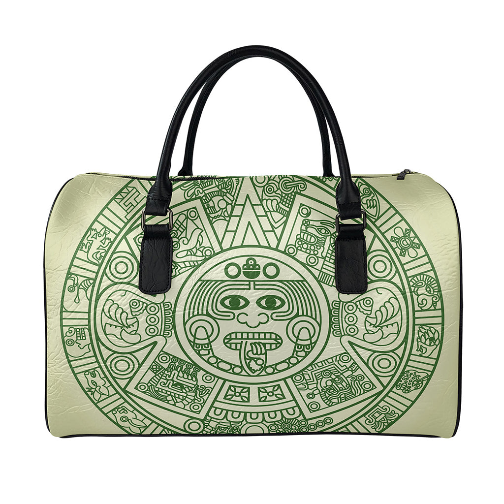 Green Maya Calendar Print Leather Duffle Bag