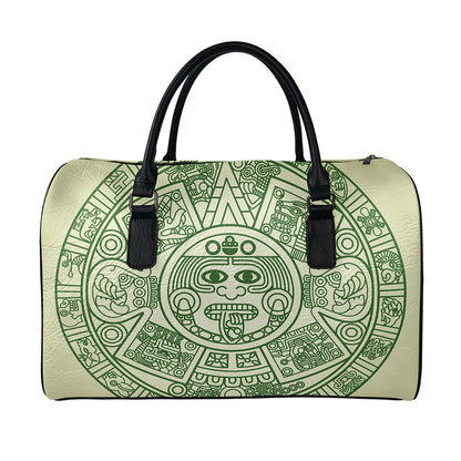 Green Maya Calendar Print Leather Duffle Bag