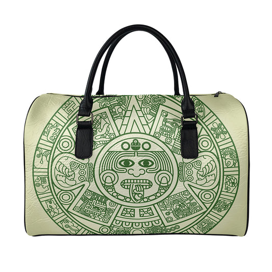 Green Maya Calendar Print Leather Duffle Bag