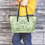 Green Maya Calendar Print Leather Tote Bag