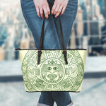 Green Maya Calendar Print Leather Tote Bag