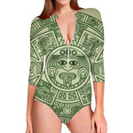 Green Maya Calendar Print Long Sleeve Swimsuit