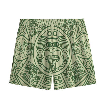Green Maya Calendar Print Mesh Shorts
