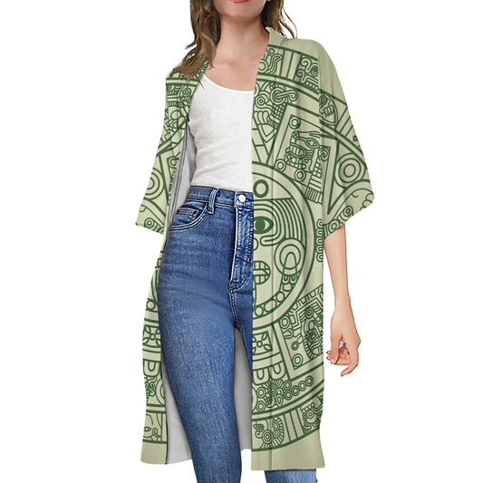 Green Maya Calendar Print Open Front Beach Cover Up