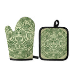 Green Maya Calendar Print Oven Mitt And Pot Holder Set