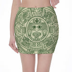 Green Maya Calendar Print Pencil Mini Skirt