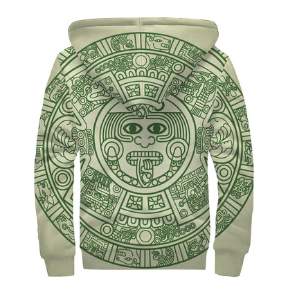 Green Maya Calendar Print Sherpa Lined Zip Up Hoodie