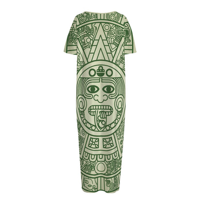 Green Maya Calendar Print Short Sleeve Long Nightdress