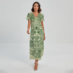 Green Maya Calendar Print Short Sleeve Maxi Dress