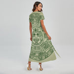 Green Maya Calendar Print Short Sleeve Maxi Dress
