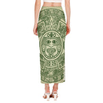 Green Maya Calendar Print Side Slit Maxi Skirt