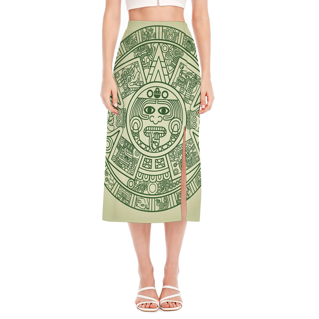 Green Maya Calendar Print Side Slit Midi Skirt
