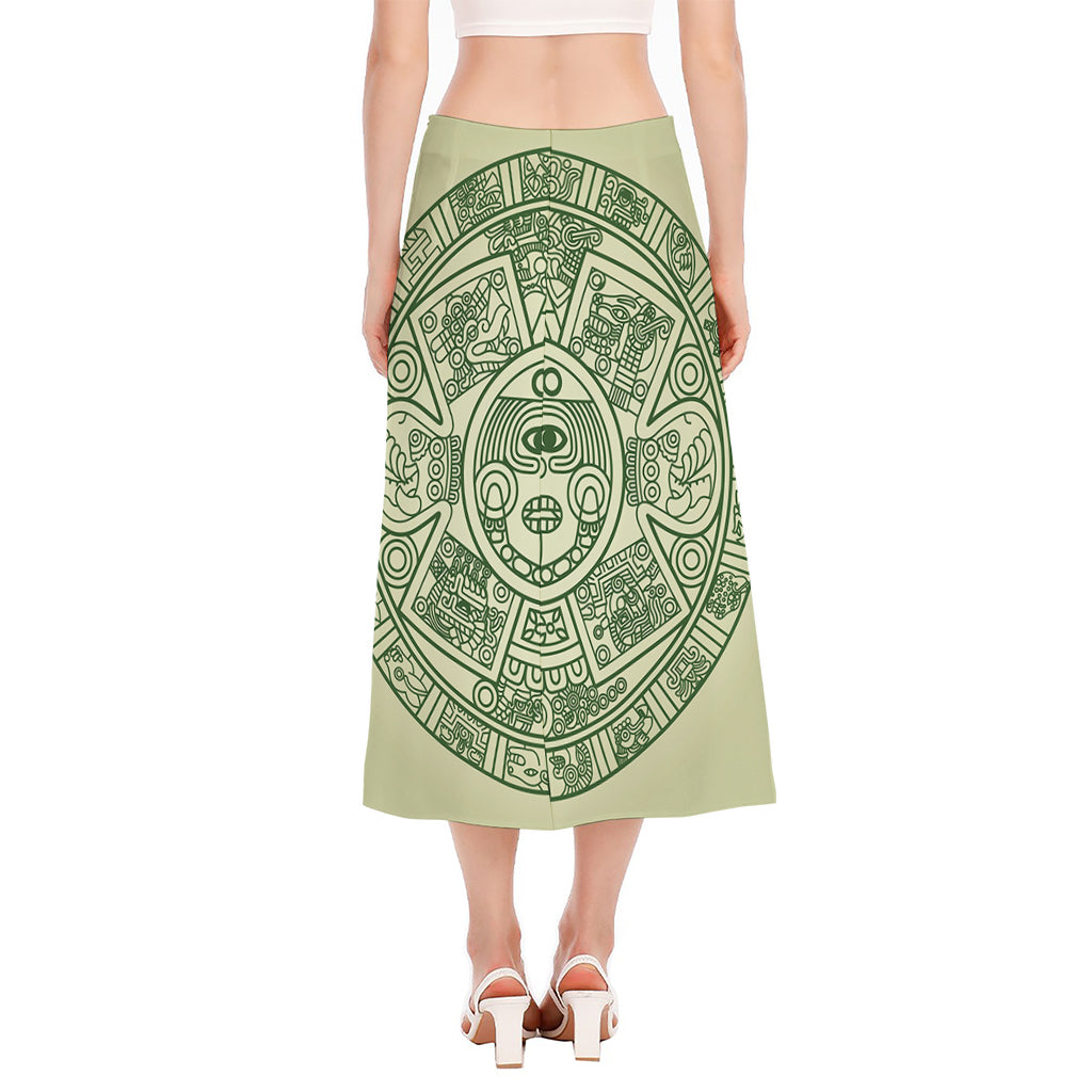 Green Maya Calendar Print Side Slit Midi Skirt