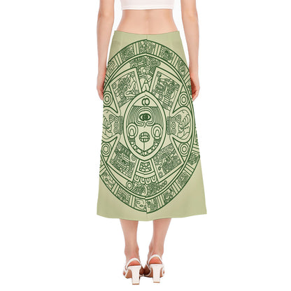 Green Maya Calendar Print Side Slit Midi Skirt