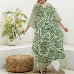 Green Maya Calendar Print Silk V-Neck Kaftan Dress