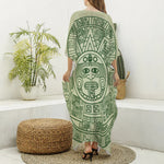 Green Maya Calendar Print Silk V-Neck Kaftan Dress