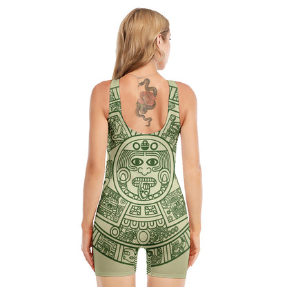 Green Maya Calendar Print Sleeveless One Piece Swimsuit