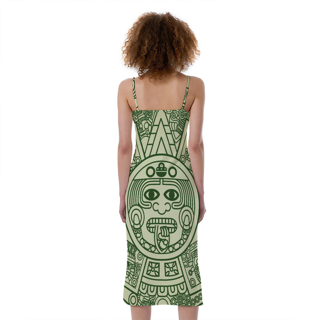 Green Maya Calendar Print Slim Fit Midi Cami Dress
