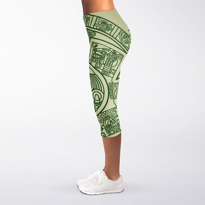 Green Maya Calendar Print Women's Capri Leggings