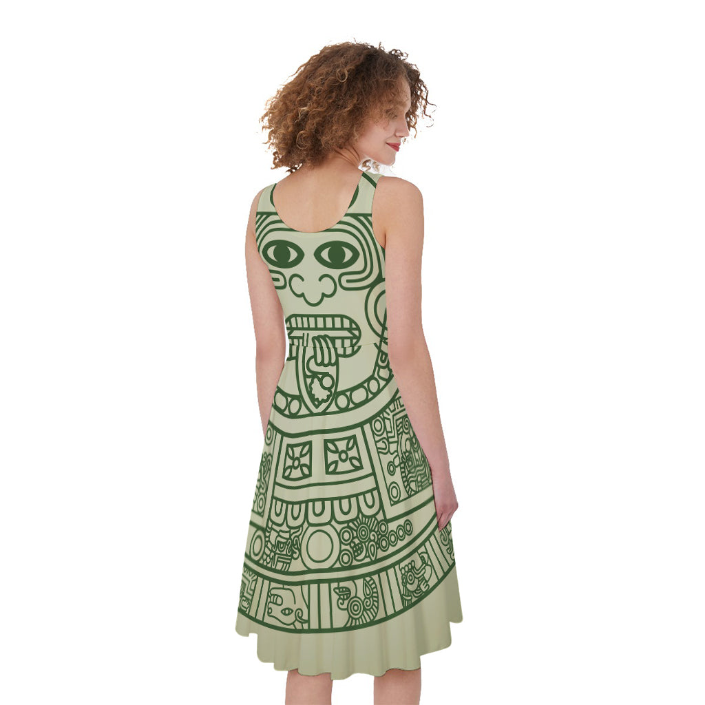 Green Maya Calendar Print Women's Sleeveless Dress