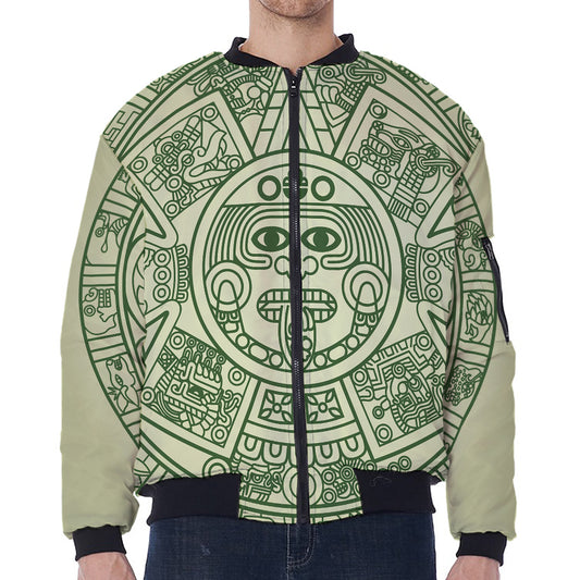 Green Maya Calendar Print Zip Sleeve Bomber Jacket