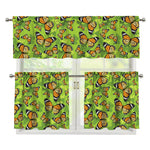 Green Monarch Butterfly Pattern Print 3 Piece Kitchen Curtains