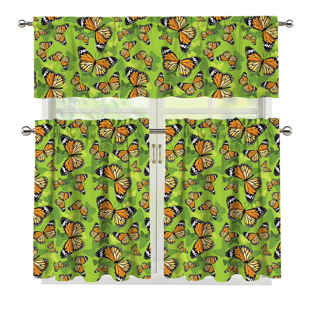 Green Monarch Butterfly Pattern Print 3 Piece Kitchen Curtains
