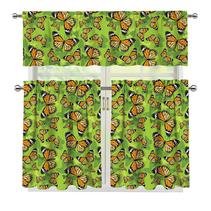 Green Monarch Butterfly Pattern Print 3 Piece Kitchen Curtains