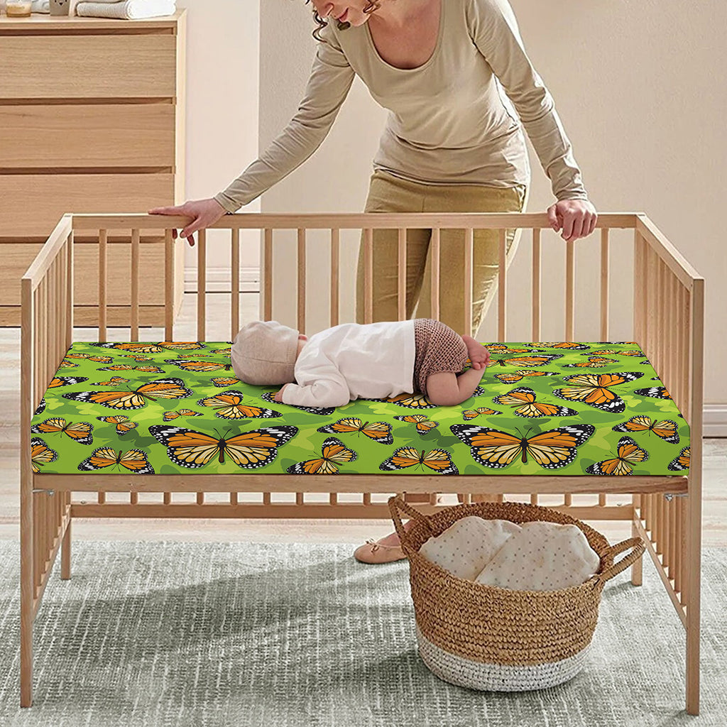 Green Monarch Butterfly Pattern Print Baby Crib Sheet