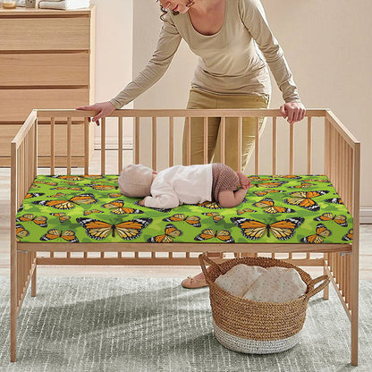 Green Monarch Butterfly Pattern Print Baby Crib Sheet