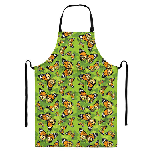 Green Monarch Butterfly Pattern Print Bib Apron With Pocket
