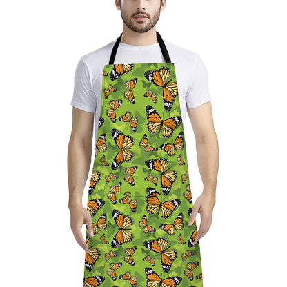 Green Monarch Butterfly Pattern Print Bib Apron With Pocket