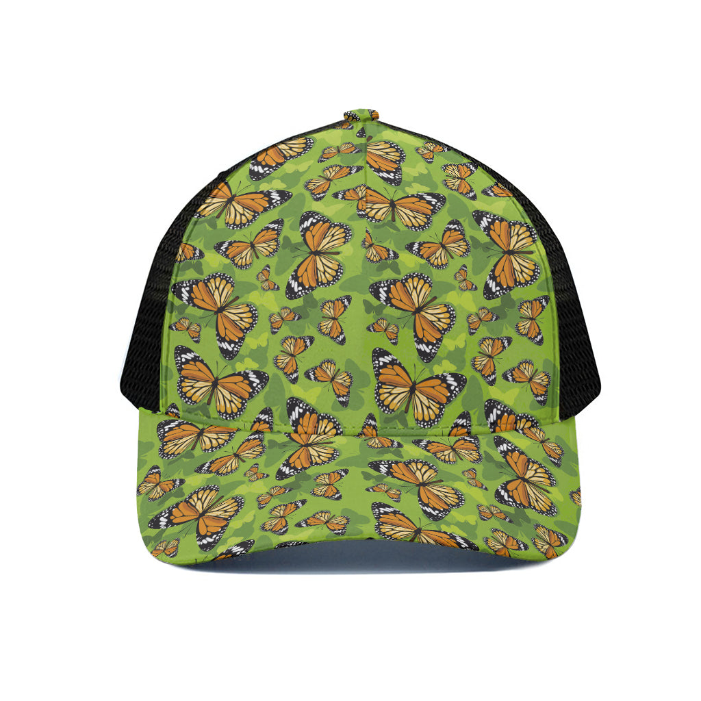 Green Monarch Butterfly Pattern Print Black Mesh Trucker Cap