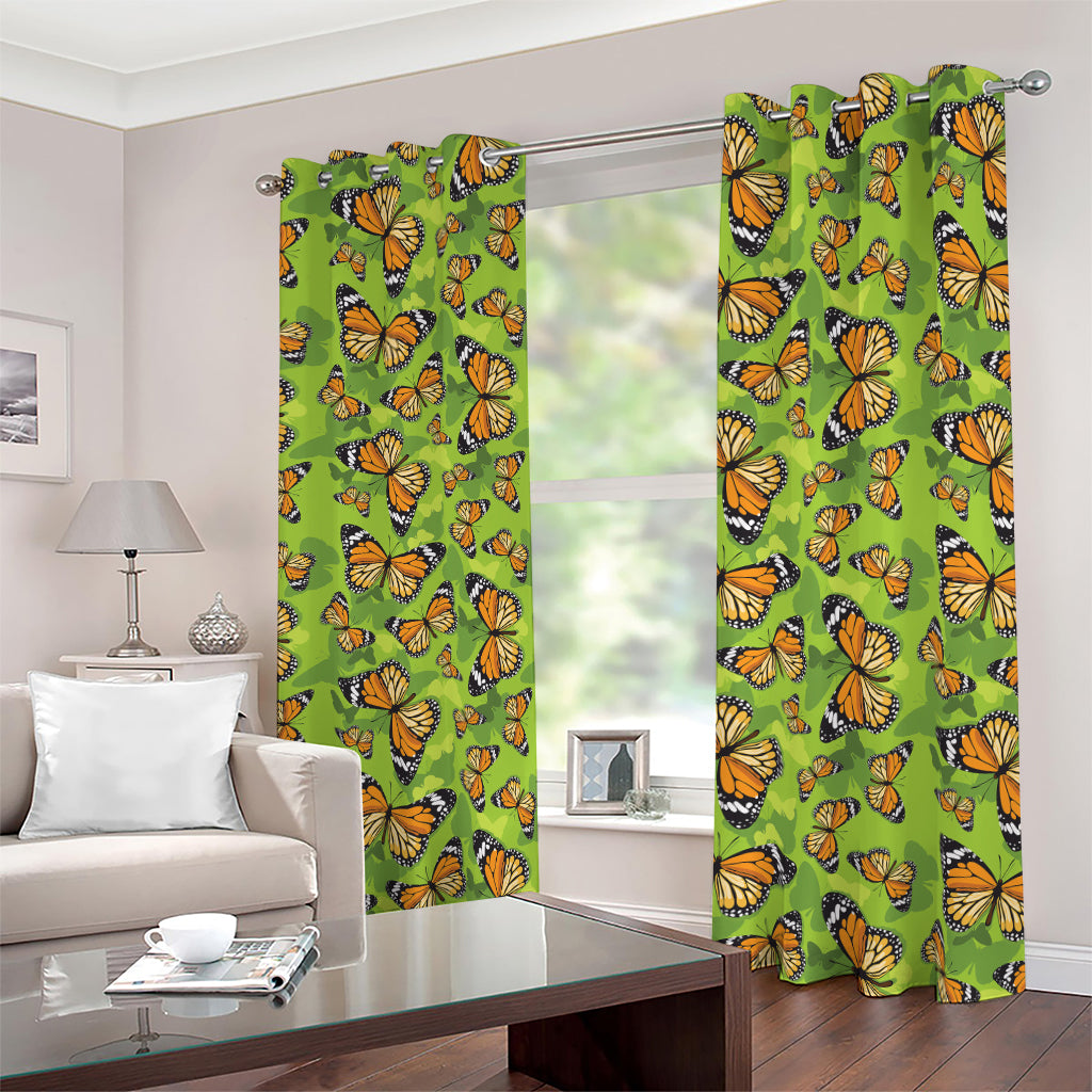 Green Monarch Butterfly Pattern Print Blackout Grommet Curtains