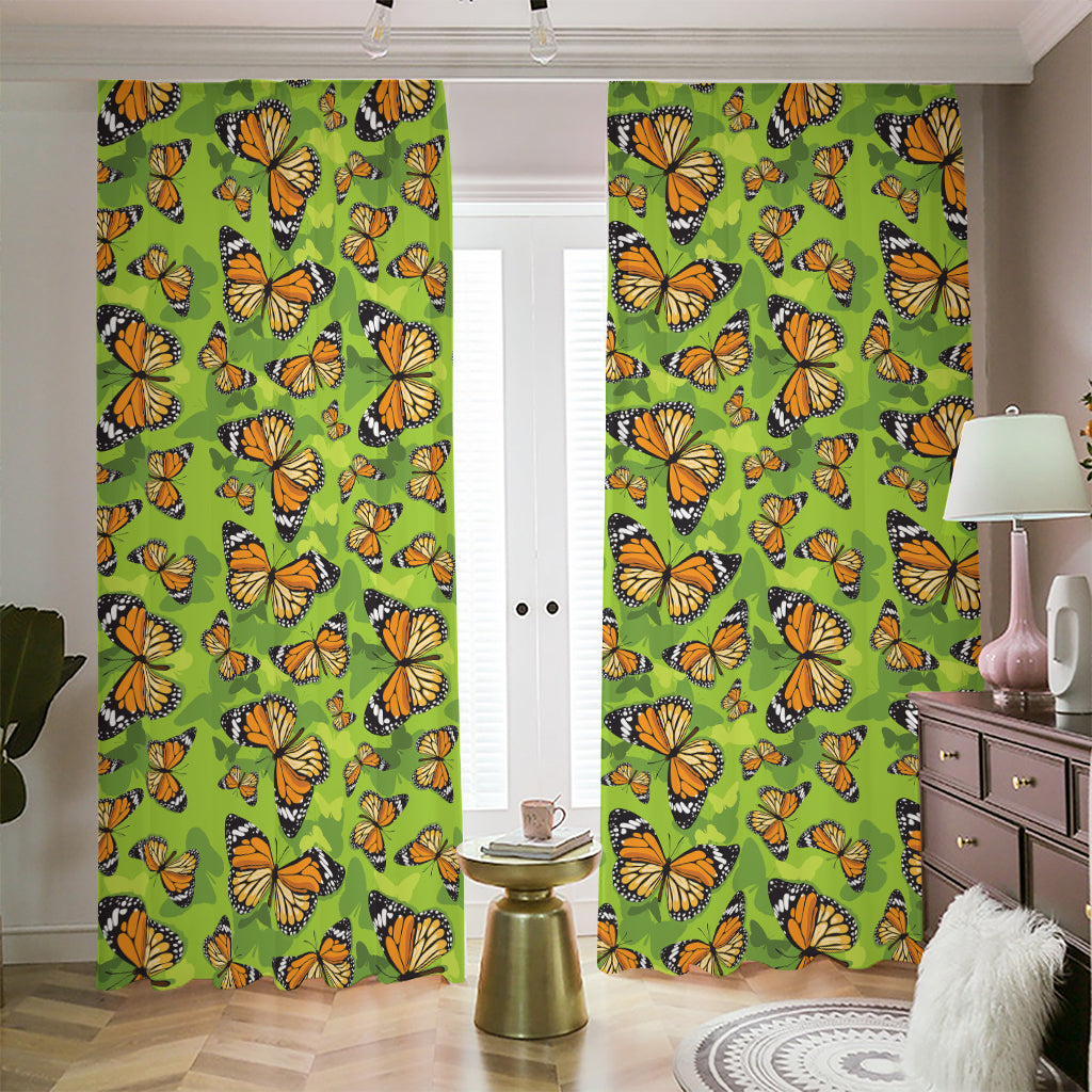 Green Monarch Butterfly Pattern Print Blackout Pencil Pleat Curtains