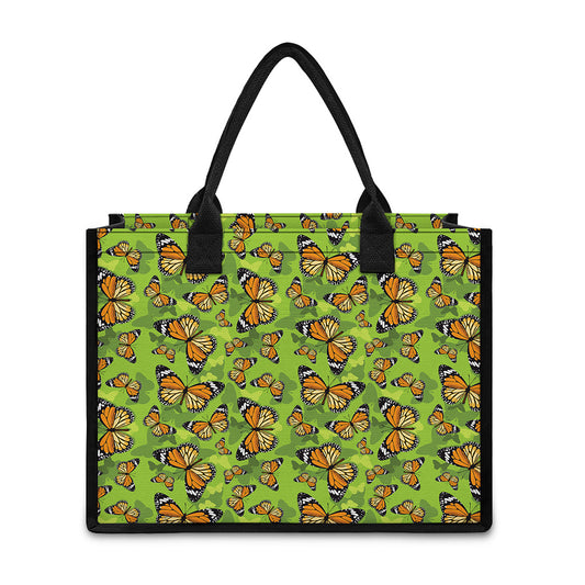 Green Monarch Butterfly Pattern Print Canvas Tote Bag